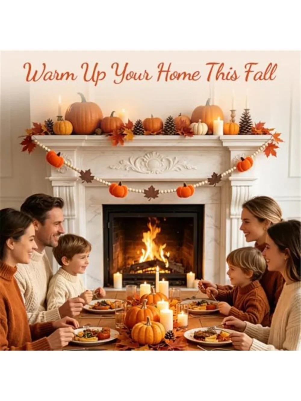 6.8 FT Fall Pumpkin Garland with Maple Leaves and Wood Beads, Autumn Decor